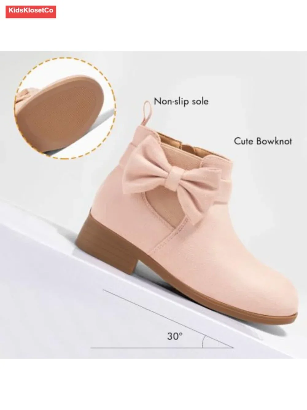Girls Bow Ankle Boots Chunky Low Heel Chelsea Zipper Suede Booties